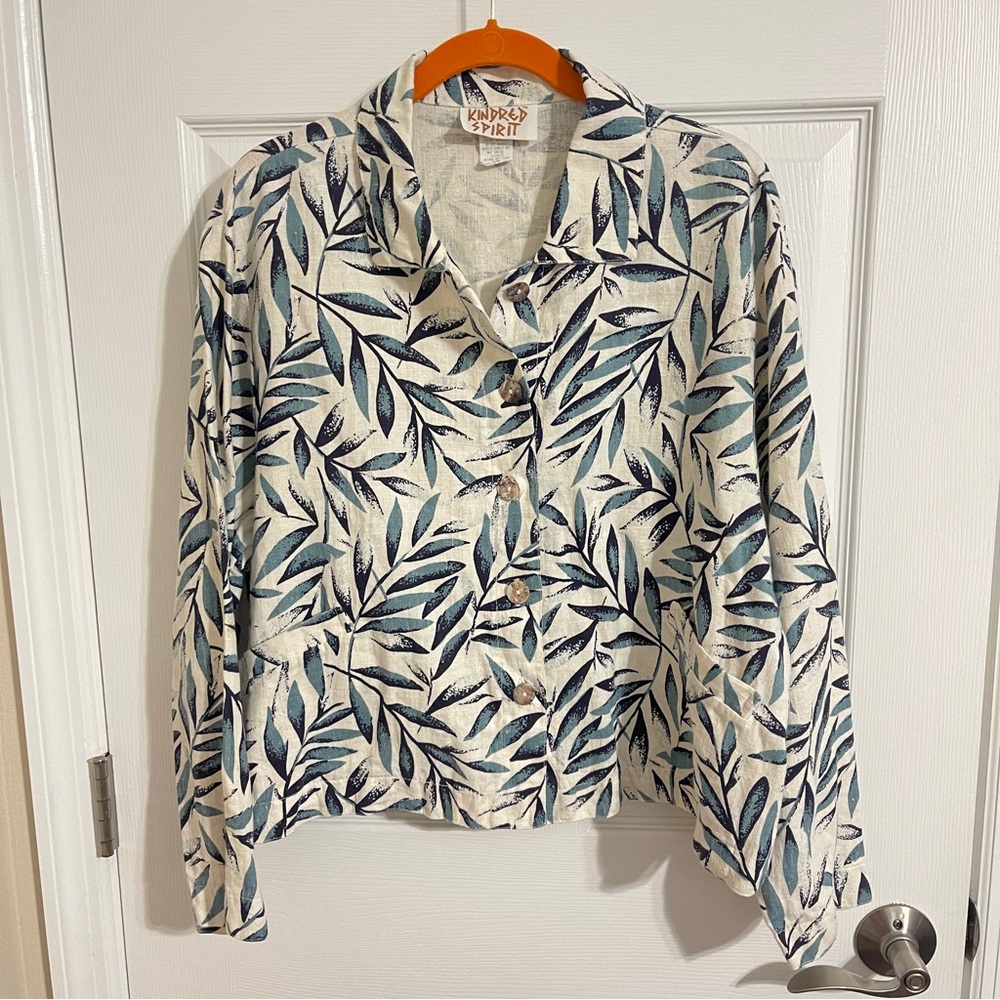 Vintage Linen Leaf Print Button Down Shirt Jacket - Blue and Cream